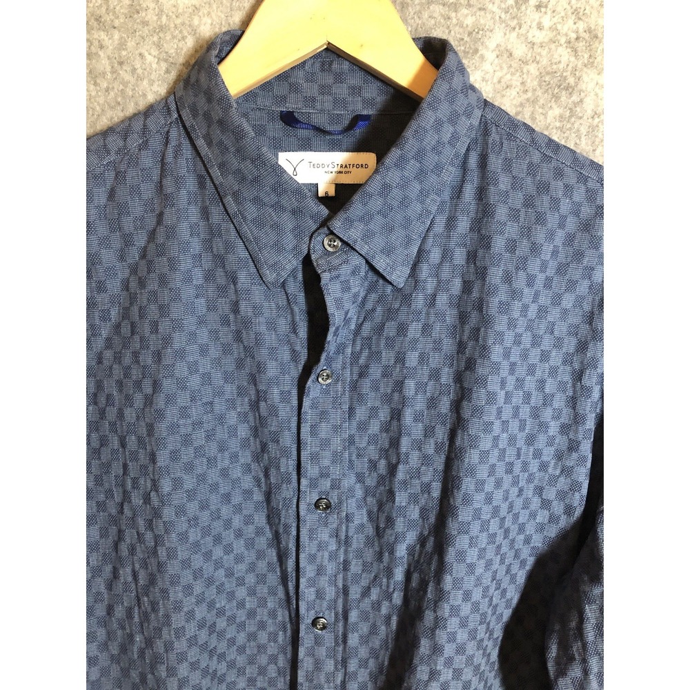 Teddy Stratford Shirt Mens 6 2XL Blue Check Zip Fit Button Down Casual Career